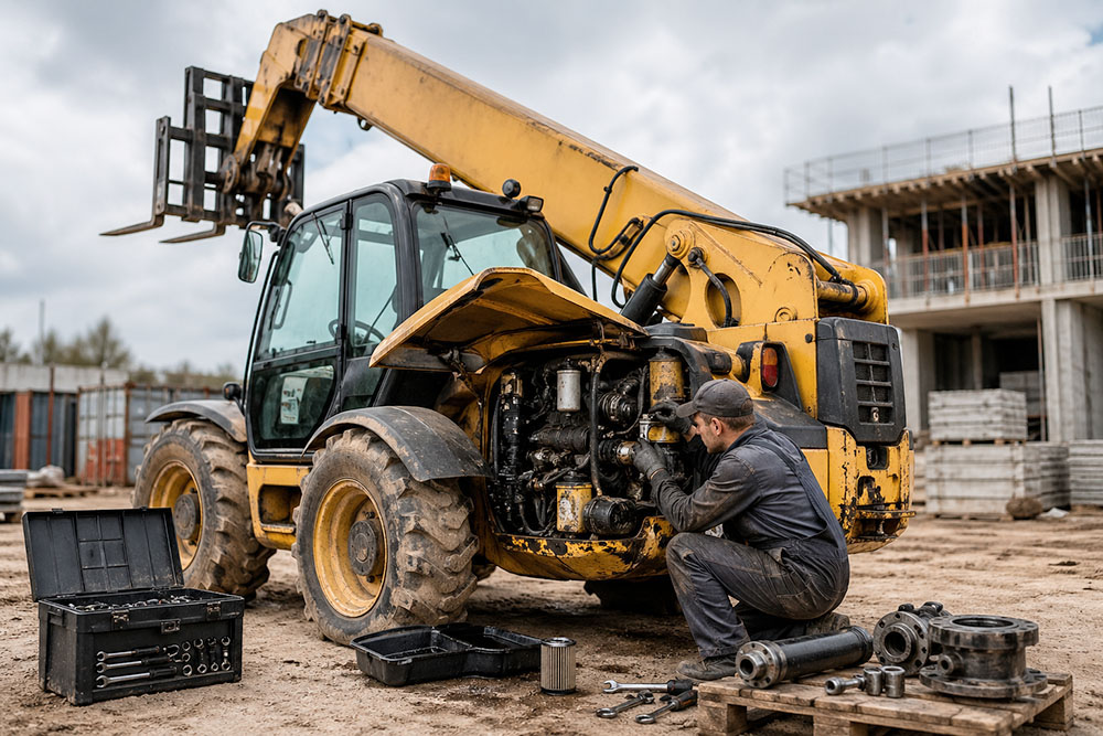 Поломка телескопического погрузчика при ремонте гидравлической системы на строительной площадке
